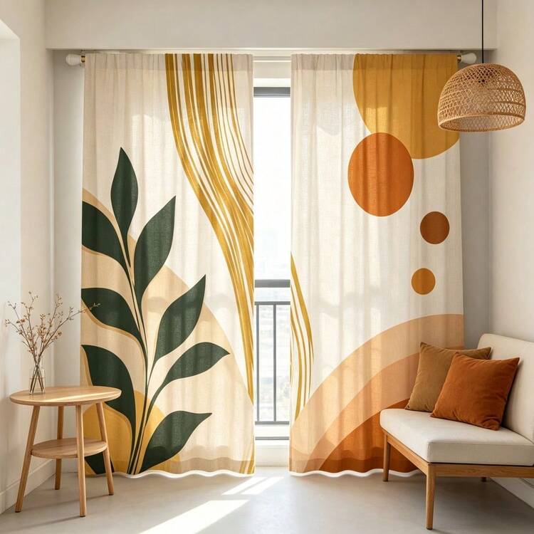 2pcs Abstract Botanical Printed Window Curtains, Modern Leaf And Geometric Pattern Design, Light Filtering Polyester Rod Pocket Drapes For Living Room Bedroom Home Decor - Multicolor - View 6