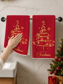 1pc/2pcs Ultra-Fine Microfiber Christmas Hand Towels, Spiral Christmas Tree & Gold Snowflake Pattern Design, Kitchen Cleaning Cloths, Restaurant Decor, Outdoor Party Supplies, Suitable For Christmas Kitchen And Bathroom Decoration, Advent Gift - Multicolor - View 9
