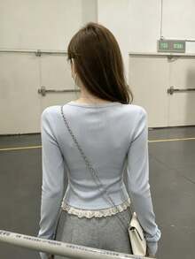 Women's Light Blue Knitted Long Sleeve Top, 2 In 1 Lace Trim, Tie Front, Round Neck Regular Fit Blouse, Cute Style Pullover - Baby Blue - View 8