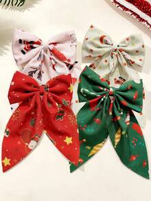 4pcs Kids Christmas Printed Ribbon Bow Hair Clips, Alligator Hair Clips With Snowflake, Christmas Tree, Santa Claus Designs, Festive Color Palette, Suitable For Girls' Christmas Party And Holiday Outings, Secure Grip, Anti-Slip, Half-Up Hair And Flyaway Hair Top Clips - Multicolor - View 6