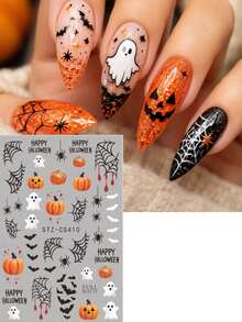 2pcs Cute Ghost Pumpkin Halloween Nail Stickers, Spider Web Spider Bat Horror Design Nail Decals, Suitable For Trick Or Treat Party Nail Decoration, Women Girls Nail Art Supplies - Multicolor - View 6