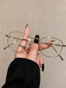 Square Metal Eyeglass Frames, Clear Lens Non-Prescription Glasses, Unisex Japanese Decorative Glasses, Fashion Eyewear Accessories, Suitable For Women - Gold - View 3