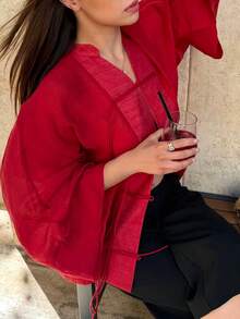 New Fashion Elegant Solid Color Women's Vintage Shirt Home Wear All Season Top Red - Red - View 4