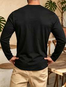 Men's Printed Casual Versatile Solid Color Slim Fit Crew Neck Long Sleeve T-Shirt - Black - View 2
