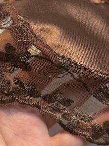 Women's 2 Pieces Brown Floral Embroidered Satin & Sheer Mesh Underwire Bra & Thong Lingerie Set - Coffee Brown - View 7