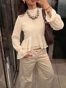 Stand Collar Flared Sleeve Ruffle Hem Crop Top, Elegant Solid Color Layered Ruffle Short Blouse - Apricot - View 7