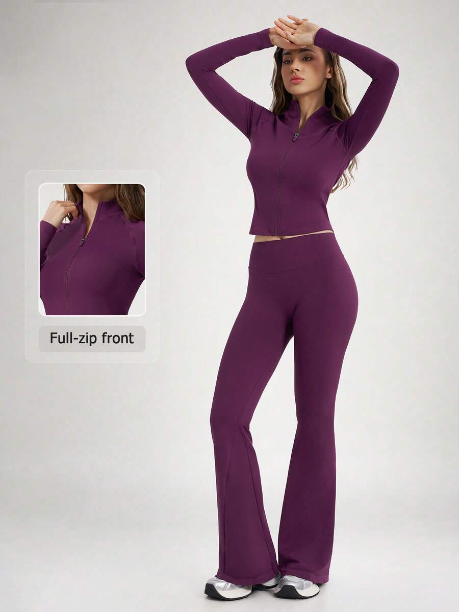 NcmRyu One Set Women's Seamless Ribbed Zip-Up Mock Neck Long Sleeve Flare Pants Sports Set - Purple - View 1