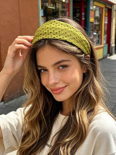 1pc Fresh Vintage Y2K Style Green Polka Dot Pleated Wide Headband, Soft Fashion Hair Accessory For Women, Suitable For Beach Vacation, Outdoor Travel, Daily Face Washing, Makeup, Back To School Season