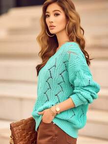 Plus Size Mint Green V-Neck Sweater, Long Sleeve Knit Pullover With Hollow-Out Leaf Pattern For Fall Winter Holiday Outfit Vacation - Emerald - View 4