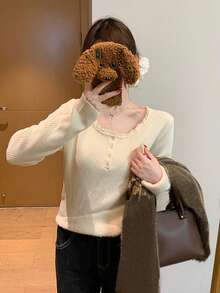 Sweater Rajut Lengan Panjang Kancing Patchwork Renda Gaya Minimalis Seksi Musim Gugur/Dingin Hangat Leher Bulat Lengan Panjang untuk Wanita Desain One-Piece Musim Gugur - Aprikot - View 5