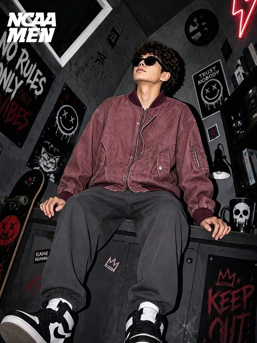 American Retro Baseball Collar Workwear Jacket Denim Fashion Streetwear Outfit Unisex Spring/Autumn - Burgundy - View 1