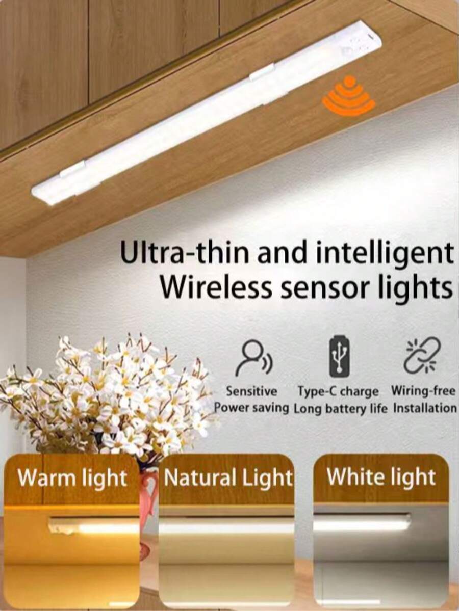 1 buah Lampu Malam Sensor Gerak LED Nirkabel, Lampu Malam Dinding Lemari, Lampu Deteksi Dapur Kamar Tidur Tangga, 3 Warna Cahaya, Baterai Isi Ulang, Pemasangan Mudah Tanpa Kabel. Untuk Dekorasi Lorong, Lemari Pakaian, dan Ruangan Rumah - MultiWarna - View 1
