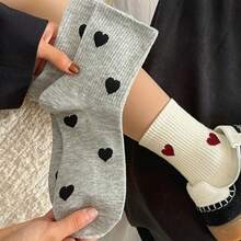 5 Pairs Random Color Strawberry Double Heart Pattern Spring/Autumn Women's Mid-Calf Socks, Lightweight Breathable All-Season Multi-Color Options, Casual Daily Wear, Hand Wash/Dry Clean, Cute Breathable Fabric Socks - Multicolor - View 6