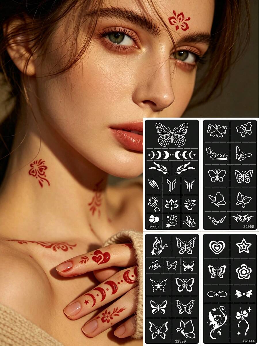4pcs INS Style Butterfly Series Tattoo Templates, Minimalist Butterfly & Cute Tattoo Stickers, Suitable For Commute, Casual, Sweet Outfits
