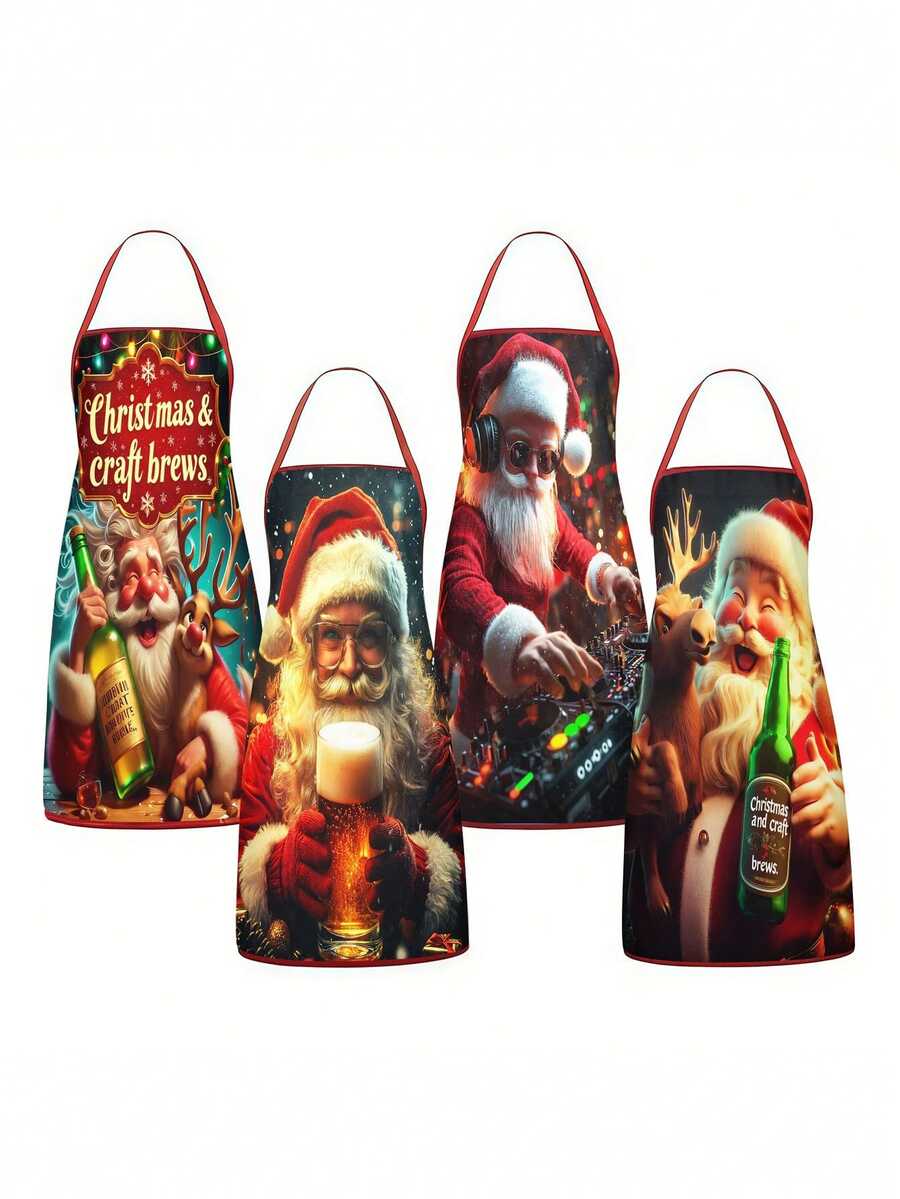 4Pcs Funny Santa Beer DJ Print Christmas Kitchen Baking Aprons SetChristmas Craft Brews Apron Set Of 4, Funny Santa & Reindeer Pattern Kitchen Aprons, Festive Holiday Cooking Baking Apron For Christmas Party Home Bar Decorations Gift - Multicolor - View 1