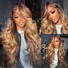 ZHUICHAO 200% Density 28In Body Wave Brazilian Human Blend Synthetic Wig 13x4 HD Transparent Lace Frontal Wigs Brown Mix Honey Blonde Highlight Natural Hairline Pre Plucked With Baby Hair For Women To Wear On Daily Or Parties Wig, Halloween - SP4/27 - View 3