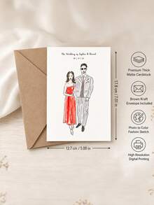 Custom Line Art Portrait Wedding Card, Personalized Sketch Couple Drawing Greeting Card With Custom Photo & Text. Elegant Minimalist Hand-Drawn Illustration, Ideal For Wedding Invitations, Anniversary Gifts And Wedding Day Keepsakes For Couples. - Multicolor - View 2