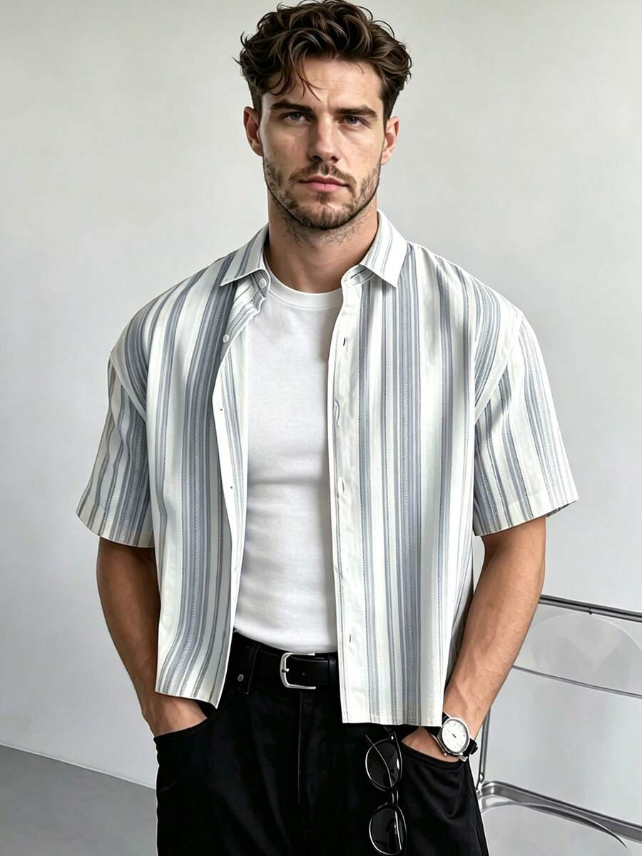WAIT HIM Men's Linen Casual Box-Shaped Printed Short Sleeve Shirt, Summer - Blue and White - View 1