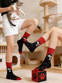 1/2/5 Pairs Women's Red Cat Mid-Calf Socks, Fashionable Unique Niche Soft Comfortable Cartoon Design For Daily Wear - Multicolor - View 1