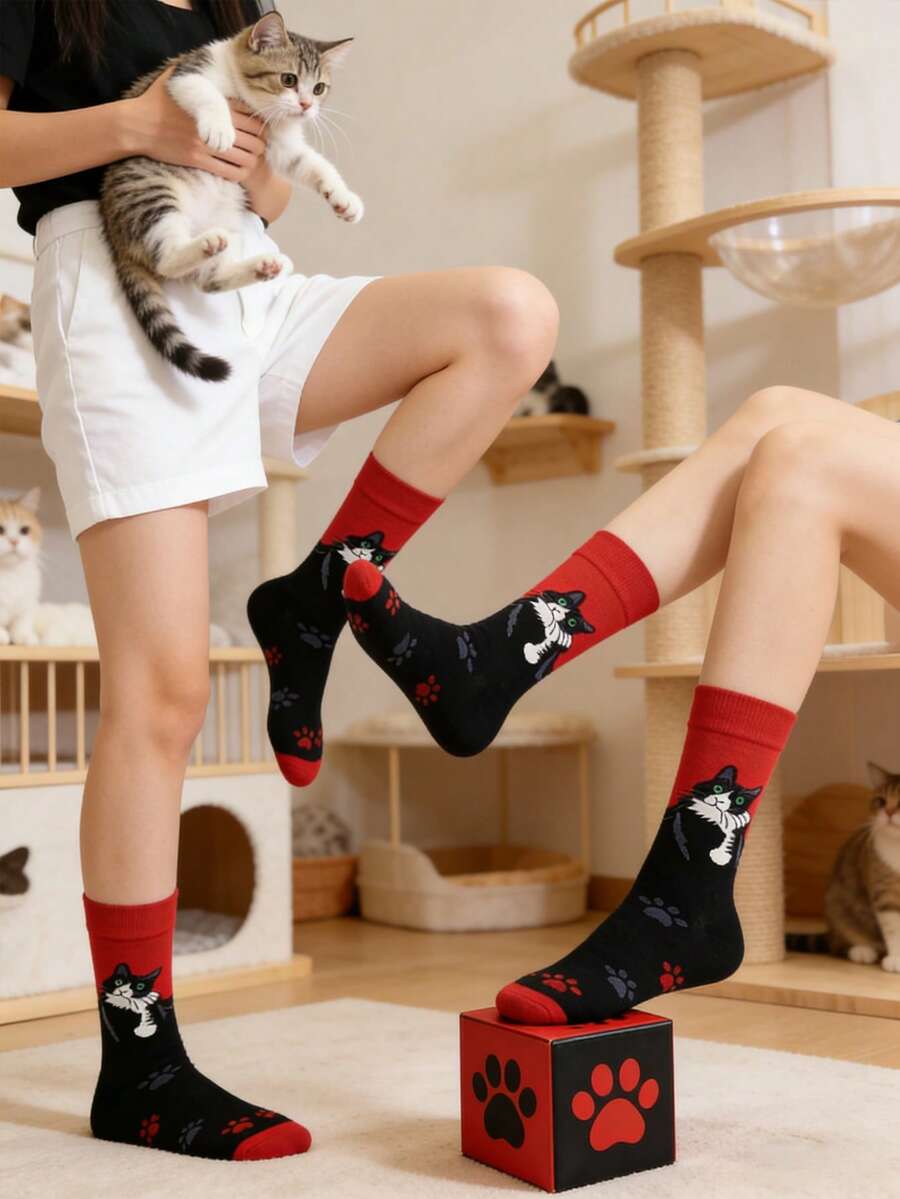 1/2/5 Pairs Women's Red Cat Mid-Calf Socks, Fashionable Unique Niche Soft Comfortable Cartoon Design For Daily Wear - Multicolor - View 1