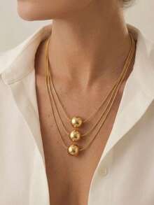 1pc Fashionable Exquisite 3-Layer Flat Snake Chain Ball Layered Collarbone Necklace, Suitable For Women's Daily Wear, Holiday Gift And Birthday Gift - Golden - Round Snake Chain - View 1