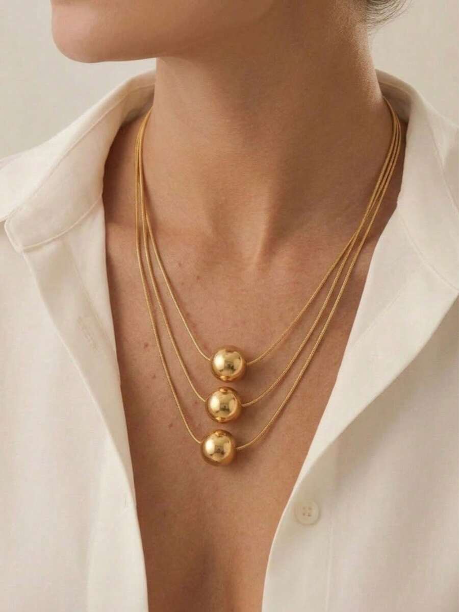 1pc Fashionable Exquisite 3-Layer Flat Snake Chain Ball Layered Collarbone Necklace, Suitable For Women's Daily Wear, Holiday Gift And Birthday Gift - Golden - Round Snake Chain - View 1