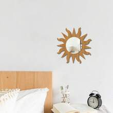 1Pc Sun Shape Wooden Frame Acrylic Mirror Wall Sticker, Boho Decorative Mirror Wall Decal For Living Room Bedroom Bathroom Home Wall Art Decor - Brown - View 5