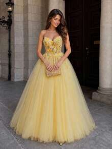 VIPGIRL Elegant Yellow Strapless Floral Applique Sheer Maxi Dress, Dreamy Princess Style Prom Gown, Party Dress, Wedding Guest Dress Spring Fall - Yellow - View 2