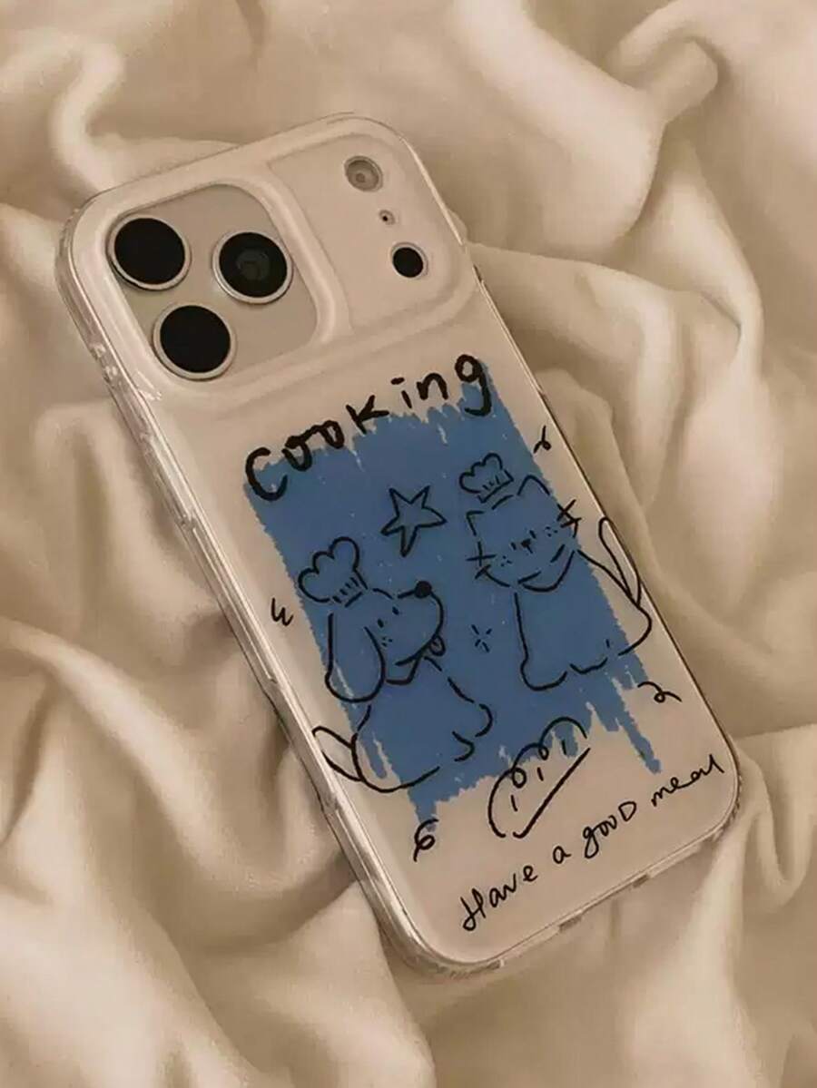 Ins Korean Style Personalized Cartoon Graffiti Blue Puppy & Cat Phone Case Compatible With IPhone 17 Pro Max/17 Pro/17 Air/17/16 Pro Max/16 Pro/ 15 Pro/15 New 14 Pro/13/12/11 Full Coverage Protective Cover - Blue - View 1