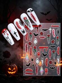 1Sheet Halloween Nail Art Stickers, 3D Self‑Adhesive Nail Decals, Ghost Skull Pumpkin Bloody Handprint Bat Gothic Horror Design, Fall Nails Decor, Halloween Press On Nail Accessories, DIY Manicure Supplies For Women Girls Nail Tech - Multicolor - View 7