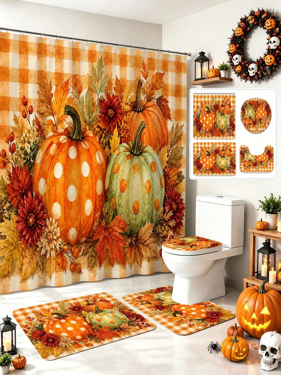 1/3/4pcs Orange & White Plaid Pumpkin Red Maple Autumn Leaf Pattern Bathroom Shower Curtain Set, Cute & Playful Style, 72*72 Inches, Waterproof Shower Curtain Bathroom Accessories - Includes 12 Plastic Hooks - Includes Toilet Lid Cover, U-Shaped Non-Slip Bath Mat And Soft Plush Rug - Washable, Mildew-Resistant - Perfect For Halloween / Thanksgiving Holiday Decor, Home Decor, Room Decor, Back To School Gift. Exquisite Housewarming Gift - A - View 1