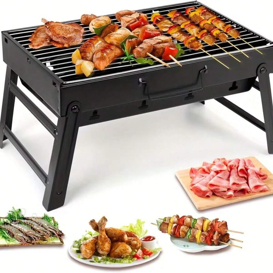 1pc Portable Foldable BBQ Grill, Iron Structure, No Charging Required, Compact And Convenient Design, Suitable For Outdoor Camping, Picnic And Other Activities, Picnic Cooking | Portable BBQ Grill | Durable Structure