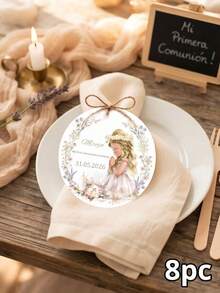 Etiquetas personalizadas para recuerdos de Primera Comunión, etiquetas redondas colgantes con nombre, fecha y diseño floral, etiquetas de regalo para ceremonia religiosa, etiquetas de recuerdo de comunión para niña - Multicolor - Ver 9
