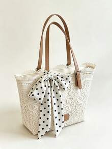 Dedoo Women's Lace Tote Shoulder Bag, Floral Hollow Lace, Polka Dot Bow Decor, Large Capacity, Fresh Pastoral Style, Suitable For Commuting, Shopping, Vacation, Spring/Summer - Multicolor - View 6