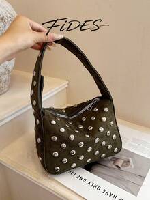 1PC New Women's Vintage Rivet Underarm Bag, Shoulder Small Bag, Durable Suede Zipper Closure Portable Baguette Bag, Street Style Hot Girl Daily Commute Handbag, Suitable For Daily Outings, Shopping, Dating And Other Occasions - Multi-color - View 11