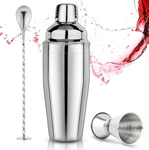 Professionelles Cocktail-Set aus silbernem Edelstahl, 750 ml, bestehend aus Shaker mit integriertem Sieb, Dosierer und Barschleife, ideal für Martini, Margarita und gemischte Getränke