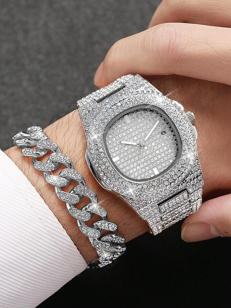 Men's Hip Hop Full Rhinestone Square Dial Calendar Quartz Watch + Hip Hop Full Rhinestone Bracelet, Boyfriend Gift (2pcs/Set) Watch Box Not Included - Silver - View 1