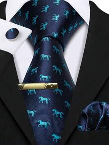 Blue Necktie Pocket Square Cufflinks Tie Clip 4pcs Set For University Graduation Banquet & Foreign Guest Welcome Dinner - Blue - View 1