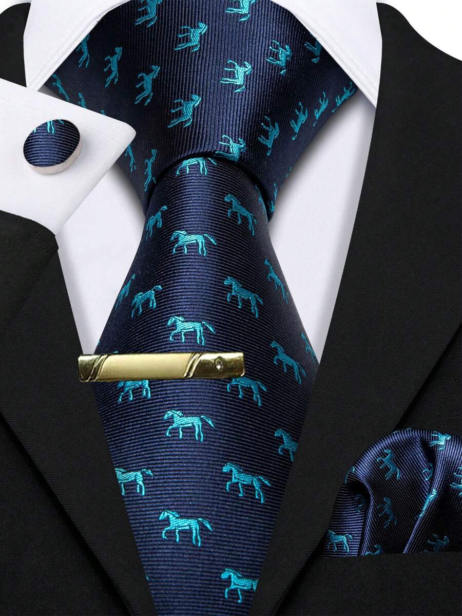 Blue Necktie Pocket Square Cufflinks Tie Clip 4pcs Set For University Graduation Banquet & Foreign Guest Welcome Dinner - Blue - View 1