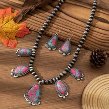 European & American Bohemian Vintage Exotic Style Colorful Turquoise Necklace & Teardrop Earrings Jewelry Set, Suitable For Outfit Matching, Daily Wear, Holiday Occasions - Pink - View 2