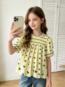 Tween Girl Woven Printed Elegant Bohemian Style Double Layer Ruffle Decor Contrast Color Lace Patchwork Short Sleeve Casual Top, Suitable For Spring/Summer Wear, Daily Casual And Holiday - Yellow - View 3