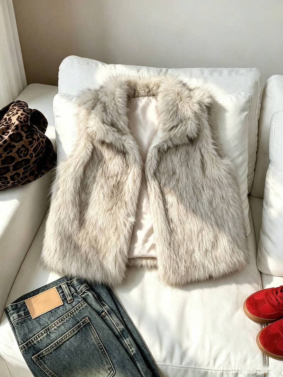 Apricot Minimalist Multi-Functional Stand Collar Sleeveless Faux Fur Jacket, Suitable For Autumn/Winter Girls Wear - Apricot - View 1