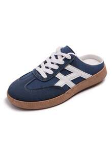 Women's Fashion Half-Slip-On Solid Color Sporty Lace-Up Metal Eyelet Flat Casual Shoes - Denim Blue - View 8