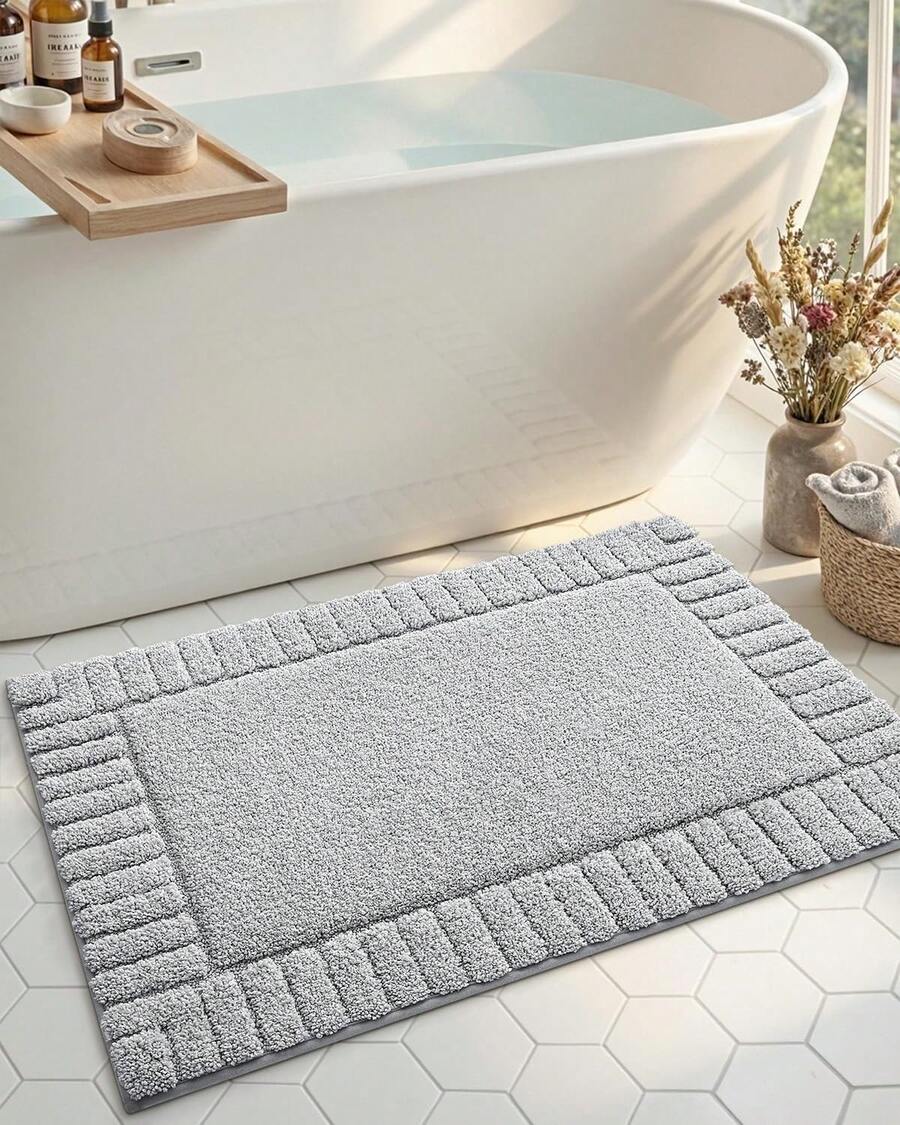 DEXI Tapete para Baño 40 x 60 cm, Alfombra de Baño Antiderrapante, Tapetes de Baño Supersuave y Absorbente, Lavable a Máquina, Blanco - Gris Claro - Ver 1