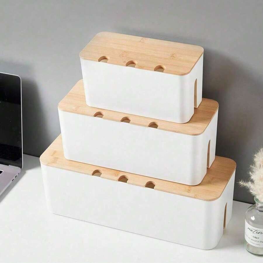 1pc Large Wood Grain Cable Management Box With Lid, Desktop Power Cord And Charger Storage Box, Built-In Cable Winder, Can Organize Power Strips, Data Cables And Messy Wires, Save Desk Space, Suitable For Living Room, Bedroom, Kitchen, Dining Room And Office