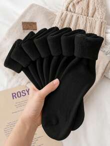 Random 3/5/10 Pairs Women's Mid-Calf Socks, Solid Color, Warm Fleece Lining, Postpartum Home Wear, Autumn/Winter - Multicolor - View 2
