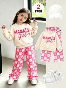 2pcs/Set Girls Outfit, Includes 1pc "MAMA'S Girl" Print Crew Neck Sweatshirt And 1pc Random Floral Plaid All-Over Print Wide Leg Pants, Suitable For Autumn/Winter Wear - Multicolor - View 1