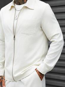 Men's White Long Sleeve Zip-Up Shirt And Casual Pants Set - White - View 7
