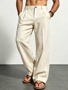 Men's Solid Color Straight Leg Casual Pants With Pockets, Suitable For Daily Commute And Vacation - Apricot - View 2