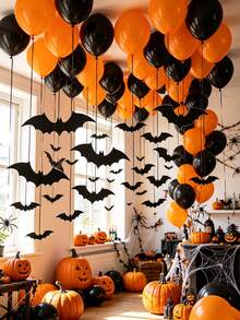 43pcs/Set Halloween Ceiling Decoration Set, Includes Orange & Black Latex Balloons, Bat Stickers, Birthday, Holiday, Costume Party, Bachelor Party - Multicolor - View 6